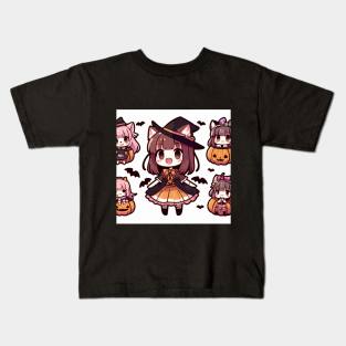 cute kawaii anime girl witch with pumpkin, halloween design Kids T-Shirt